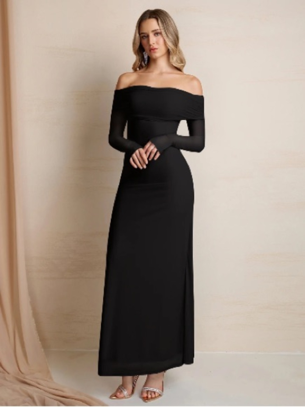 NWT Parthea Black Off The Shoulder Flounce Mesh Sleeve Lined Bodycon Maxi Dress